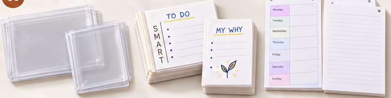 Clear plastic sleeves, To Do and SMART card decks, My Why cards, a weekly calendar page and lined pages.