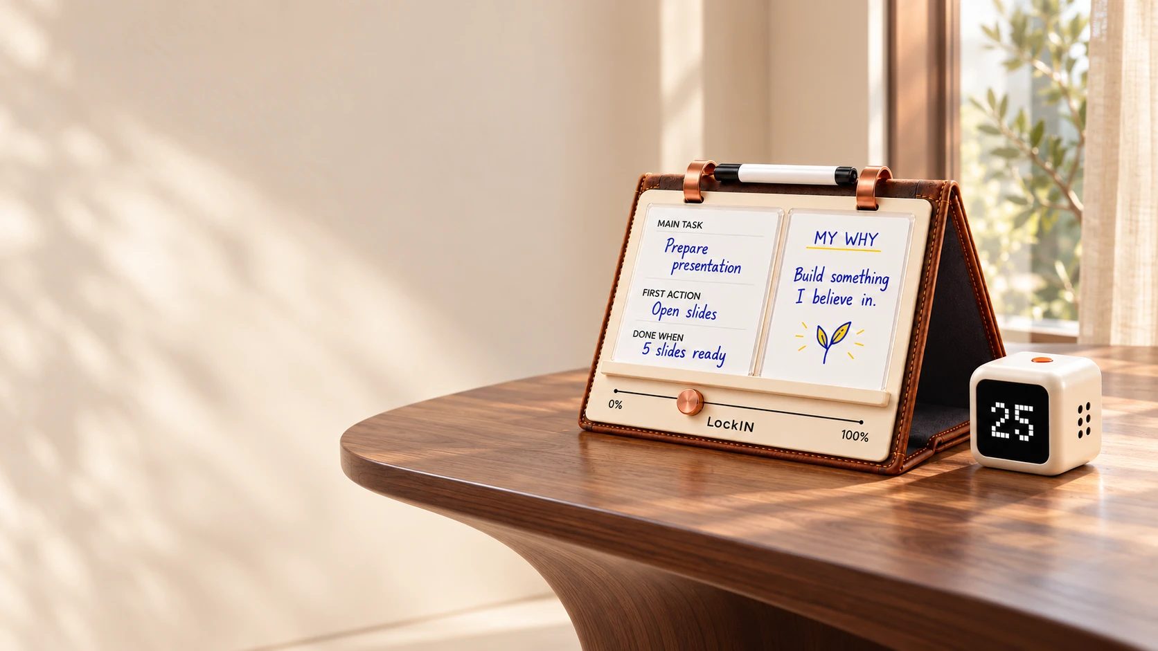 The LockIN task board standing on a walnut desk in warm window light: a Main Task card reading 'Prepare presentation', a My Why card reading 'Build something I believe in', a marker resting on the copper rings, and a white cube timer showing 25.