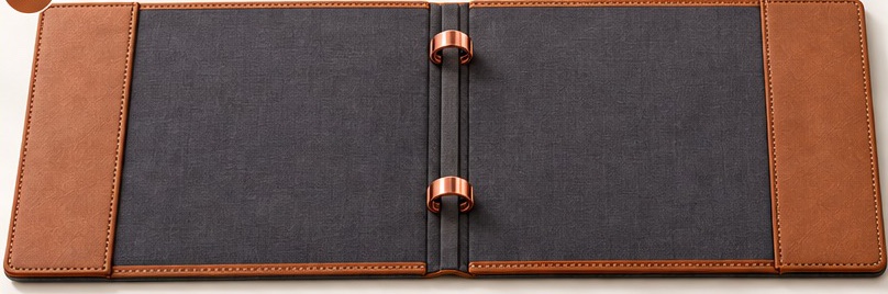 The LockIN folio opened flat: cognac stitched edges, a charcoal fabric center and two copper rings.