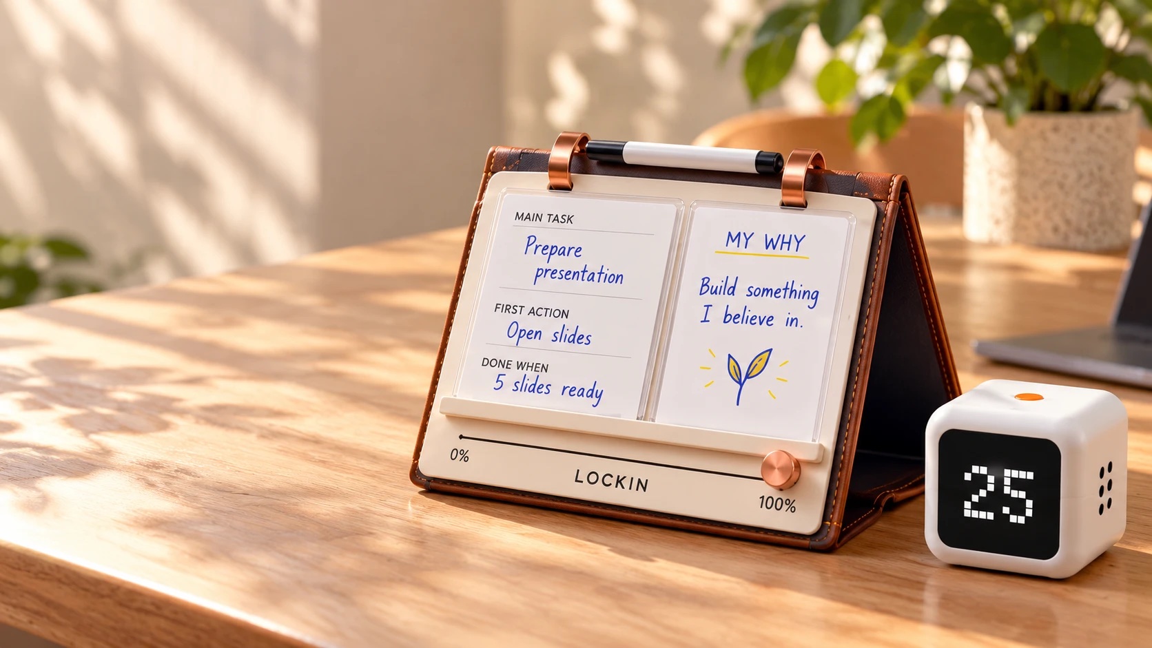 The LockIN task board standing on a sunlit wooden desk: a Main Task card reading 'Prepare presentation', a My Why card, a copper slider knob at 100%, a marker resting on the copper rings, and a white cube timer showing 25.