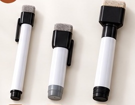 Three white dry-erase markers with black caps and built-in felt erasers.