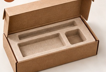 An open kraft box with a molded pulp insert.