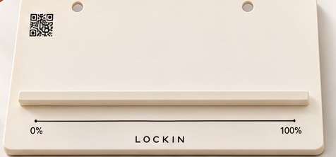 The cream task board with a card ledge, a QR code and a 0 to 100 percent progress track.